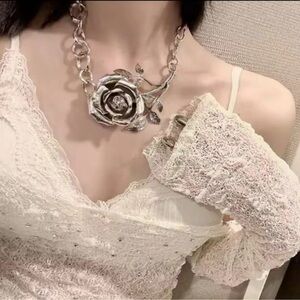Rose Silver Elegance Bold Floral Statement Necklace